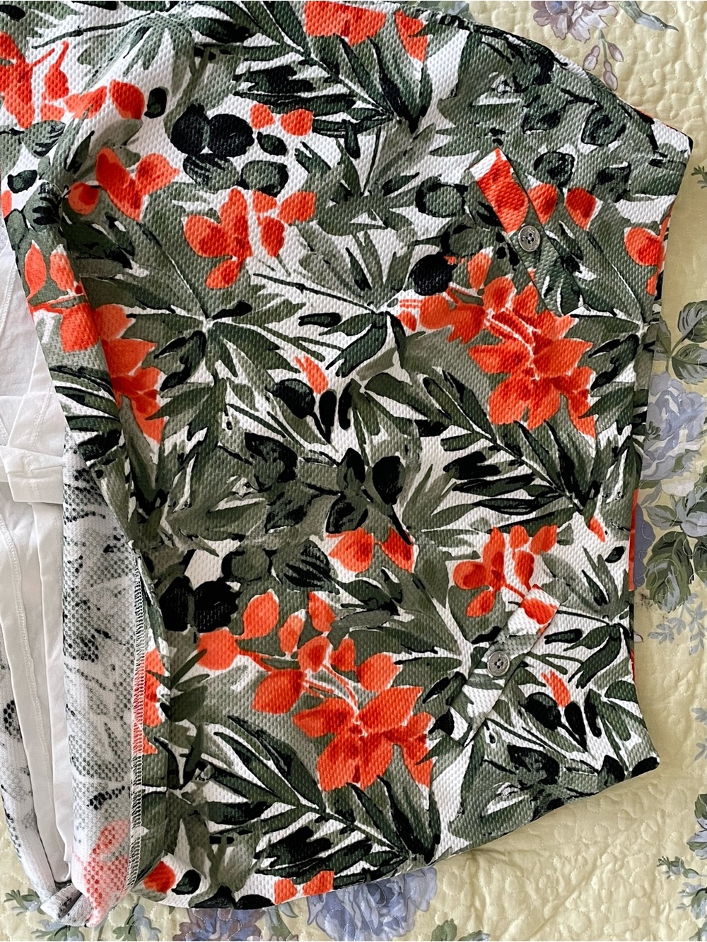 Floral Tropical Print Button-Front Top in Green & Orange